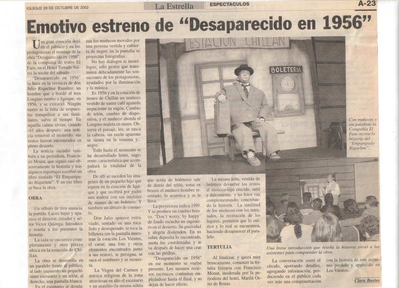 Recorte de prensa: "Emotivo estreno de Desaparecido en 1956"
