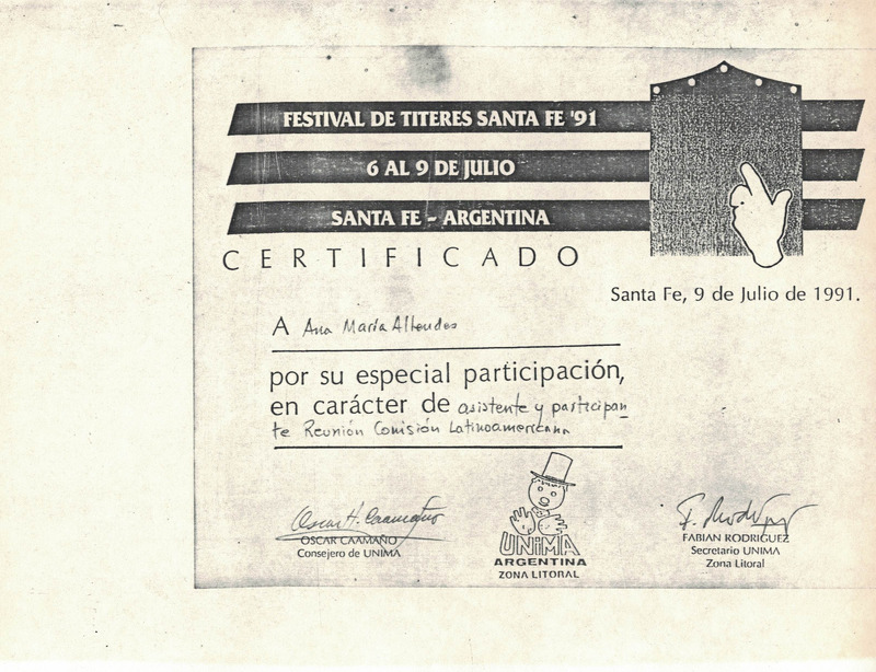 Fotocopia de certificado de participación Festival de Títeres Santa Fe, Argentina