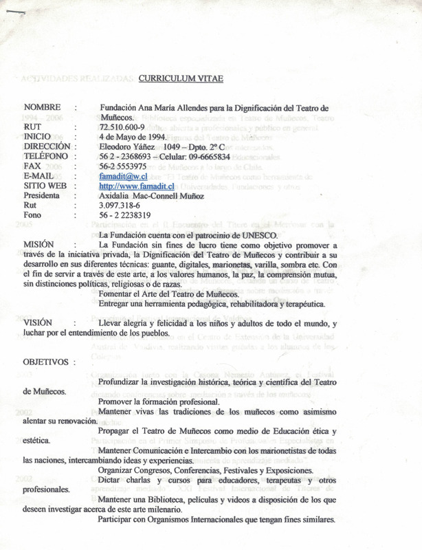 Currículum Vitae Fundación Ana María Allendes para la Dignificación del Teatro de Muñecos