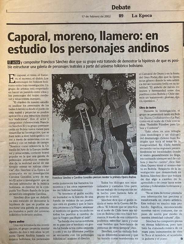 Nota de prensa sobre el trabajo de Francisco Sánchez y su próxima obra, una "ópera andina"