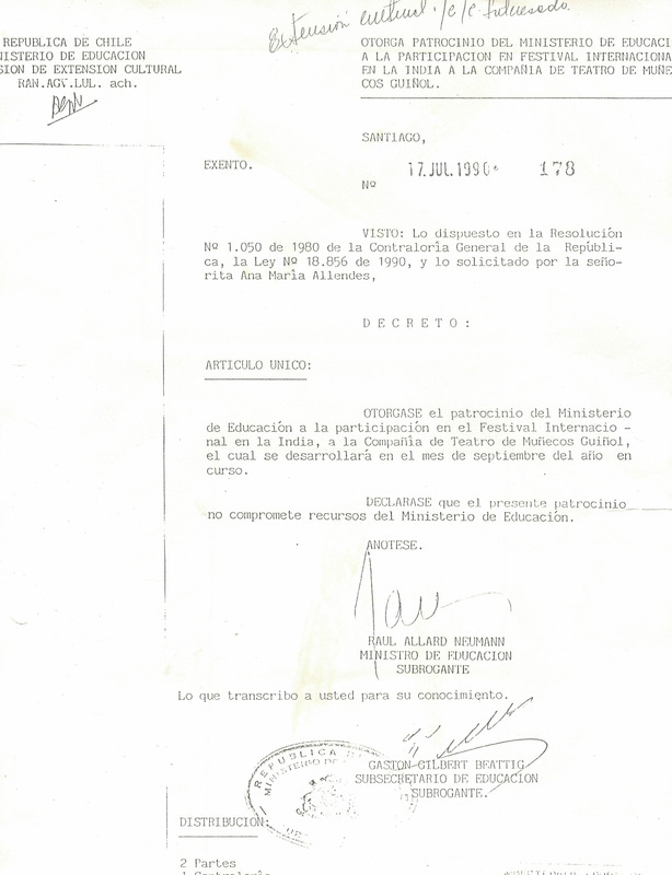 Documento de patrocinio del Ministerio de Educación para participar en Festival Internacional de Muñecos en la India
