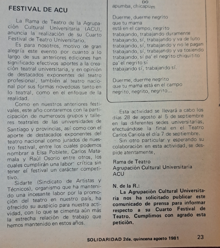 Comunicado de prensa del IV Festival de Teatro Universitario de la ACU