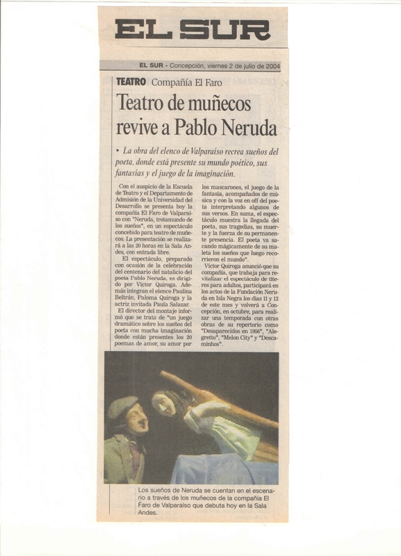 Recorte de prensa: "Teatro de muñecos revive a Pablo Neruda"