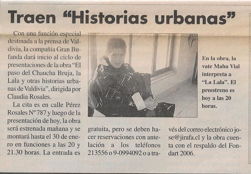 Recorte de prensa sobre la obra El paso del Chaucha brujas, la Lala y otras historias urbanas de Valdivia en Diario Austral