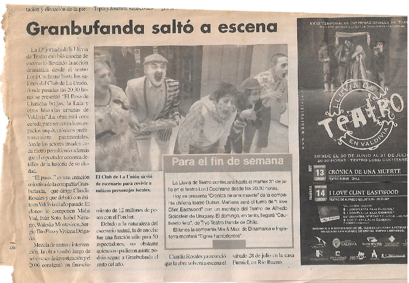 Nota de prensa sobre la obra El paso del Chaucha Brujas, la Lala y otras historias urbanas de Valdivia