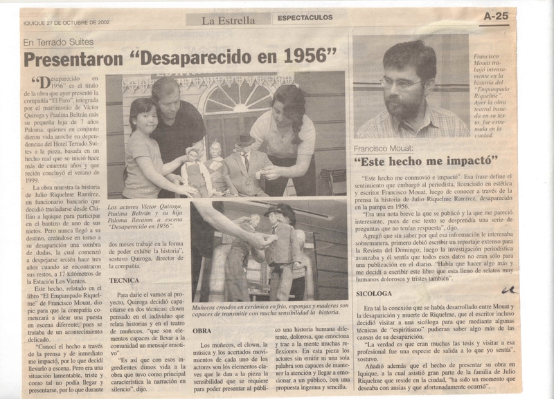 Recorte de prensa: "Presentaron Desaparecido en 1956"