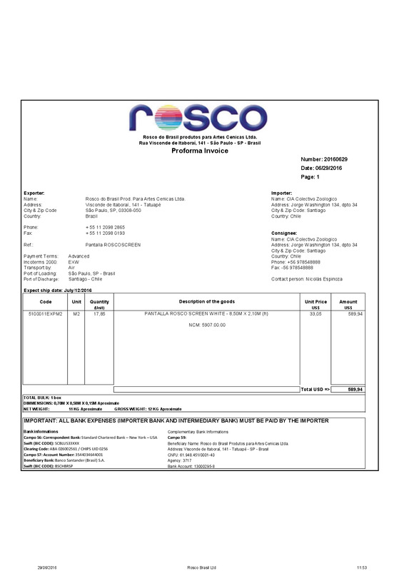 Factura y cadena de correos de compra de pantalla de proyección trasera a Rosco do Brasil