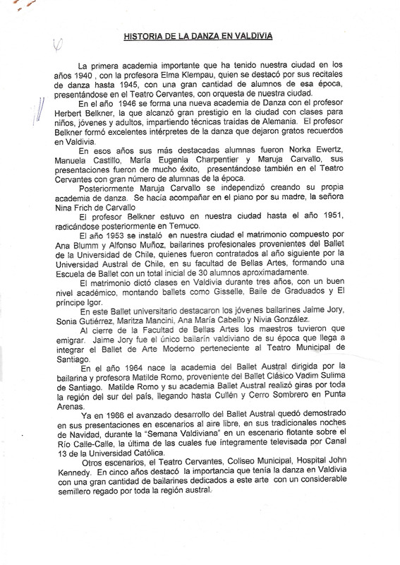 Texto sobre Historia de la danza en Valdivia