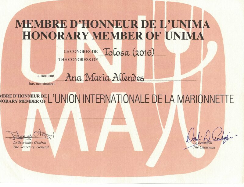 Carta y diploma de Miembro de Honor de la Unión Internacional de la Marioneta (UNIMA)