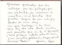 Dedicatoria de Luisa Toledo a Teatro Periplos por obra "Luisa y Manuel, la tragedia de los  Vergara Toledo"